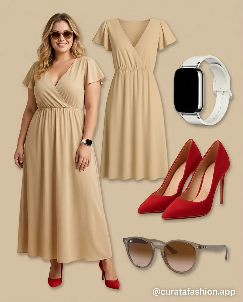 Look de fiesta: vestido largo beige y stilettos rojos