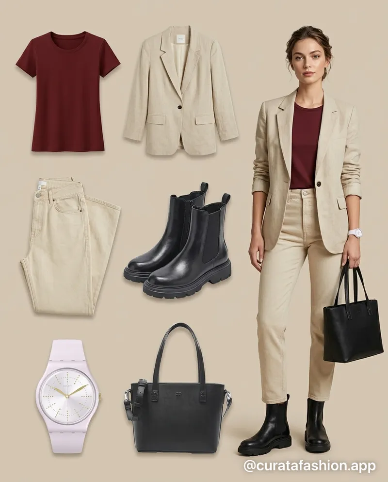 Look formal: blazer beige, remera bordó y jeans