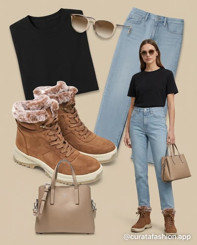 Look oficina casual: remera negra, jeans claros y borcegos
